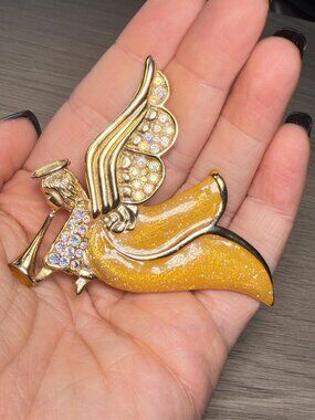 Vintage Angel Brooch Rhinestone Glitter Orange Enamel Gold Tone Pin 2.6”